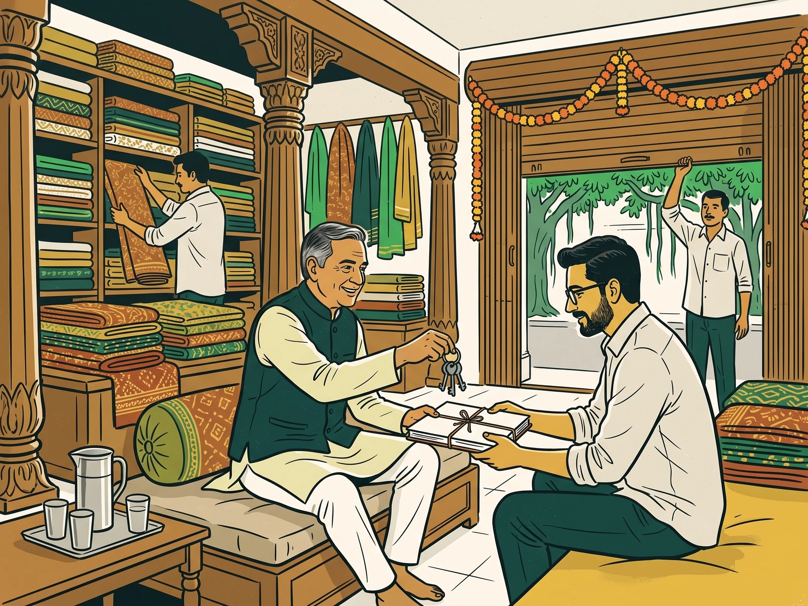 An illustrated handover between generations in an Indian textile shop