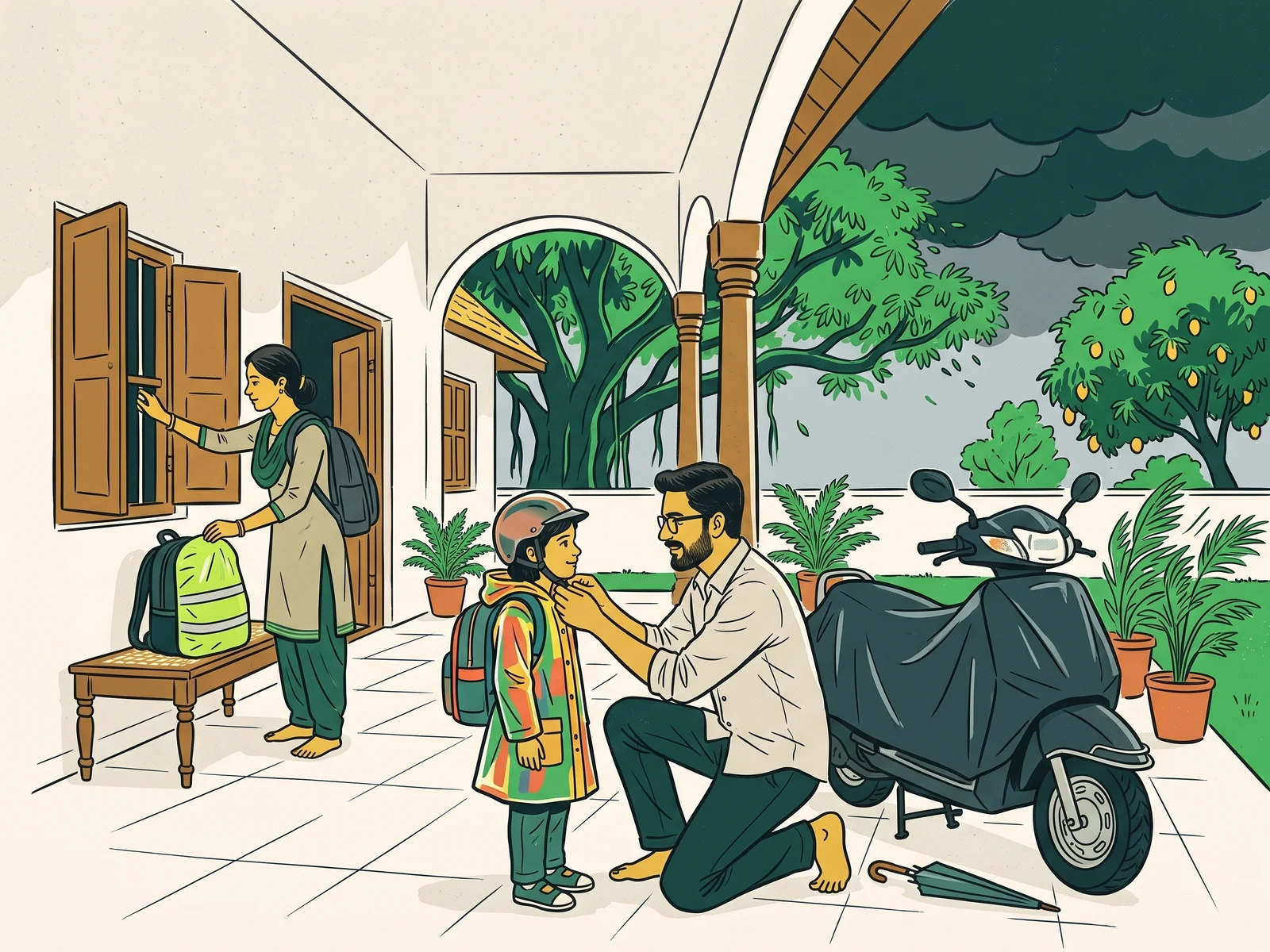 An illustrated Indian family preparing carefully for a monsoon journey