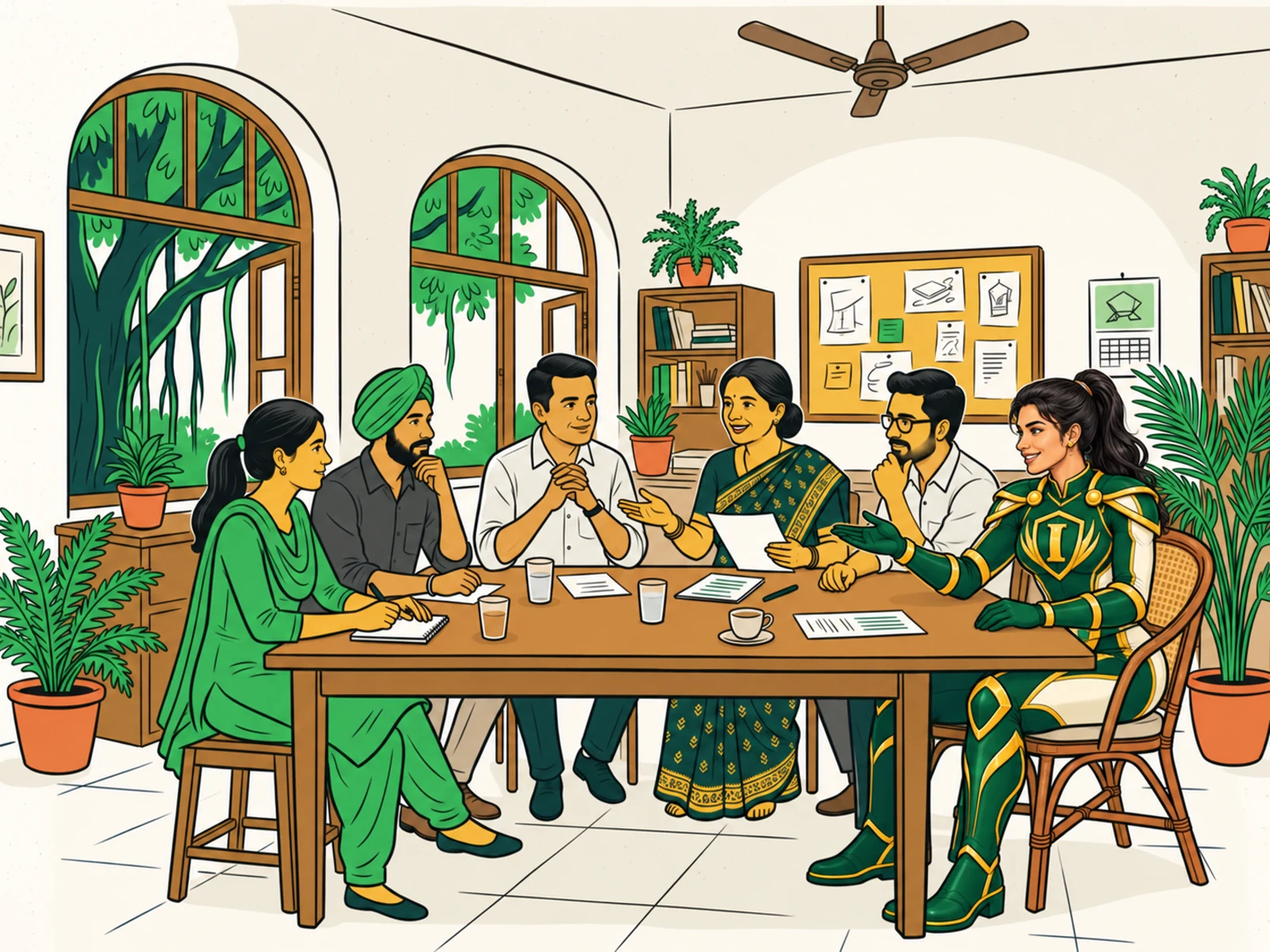 The female INFINPRO character joining an illustrated Indian workplace team discussing employee protection and benefits