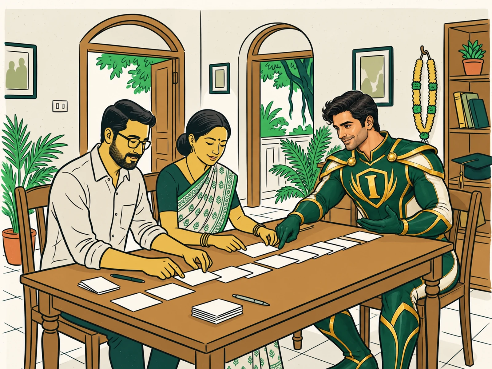 An illustrated Indian couple planning savings for education, a wedding, and a new home