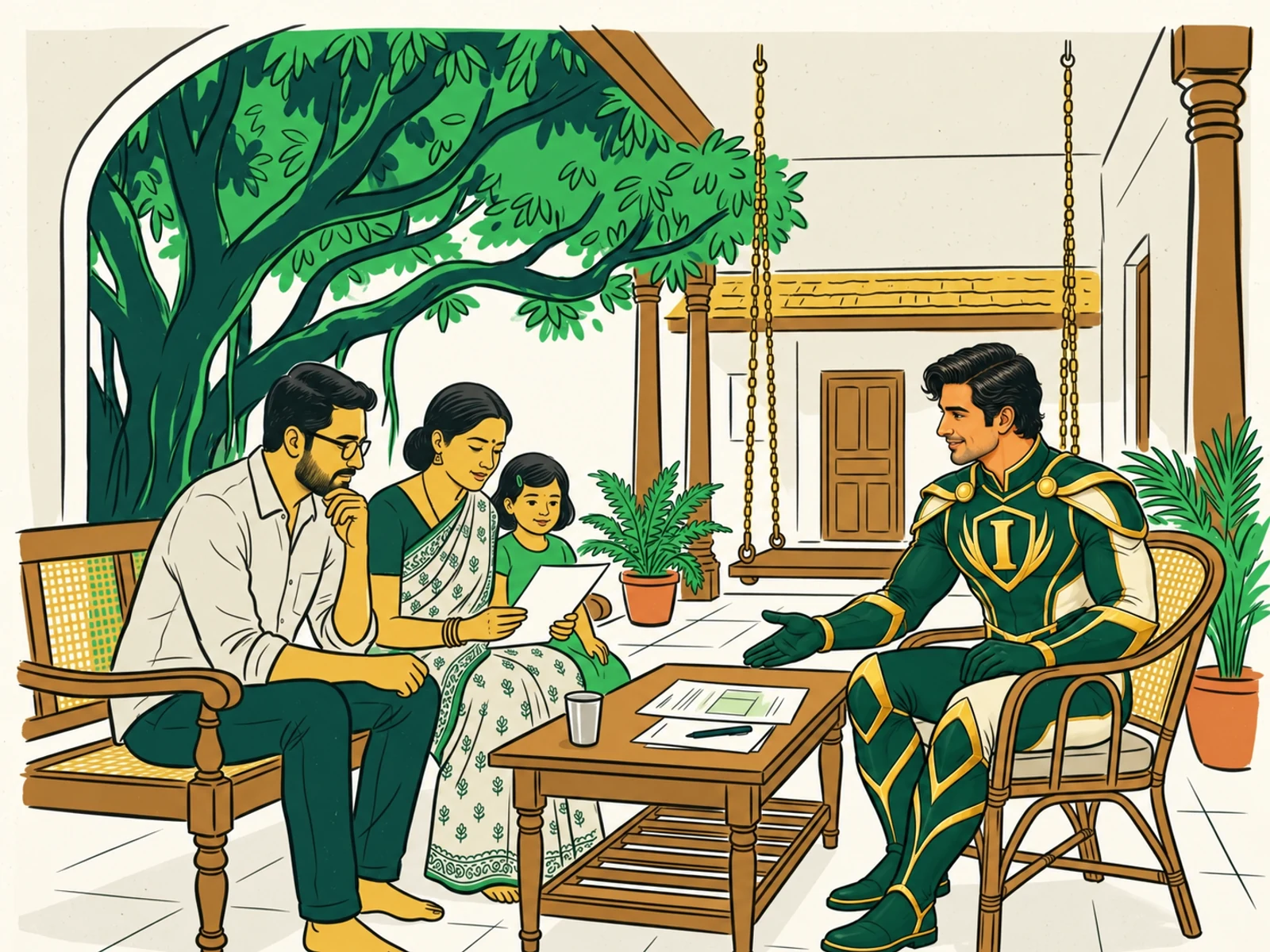 An illustrated Indian family reviewing an income-protection plan with an adviser at home