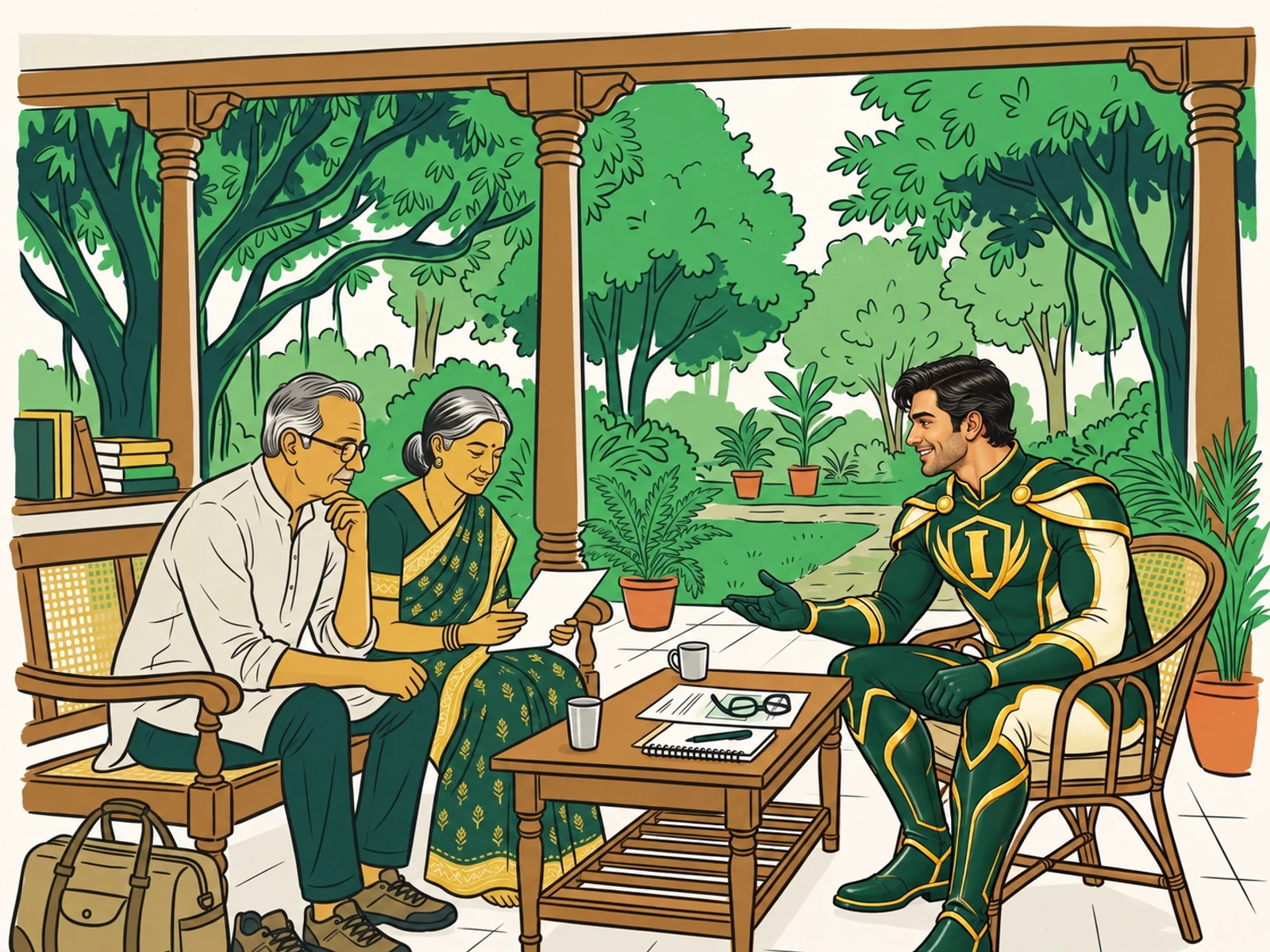 An illustrated older Indian couple planning an active retirement with an adviser