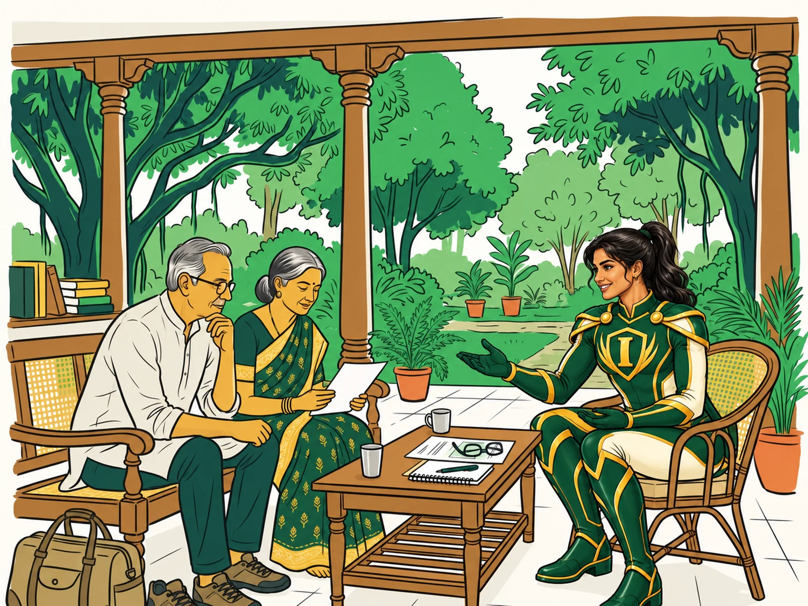 The female INFINPRO character helping an illustrated older Indian couple plan an active retirement
