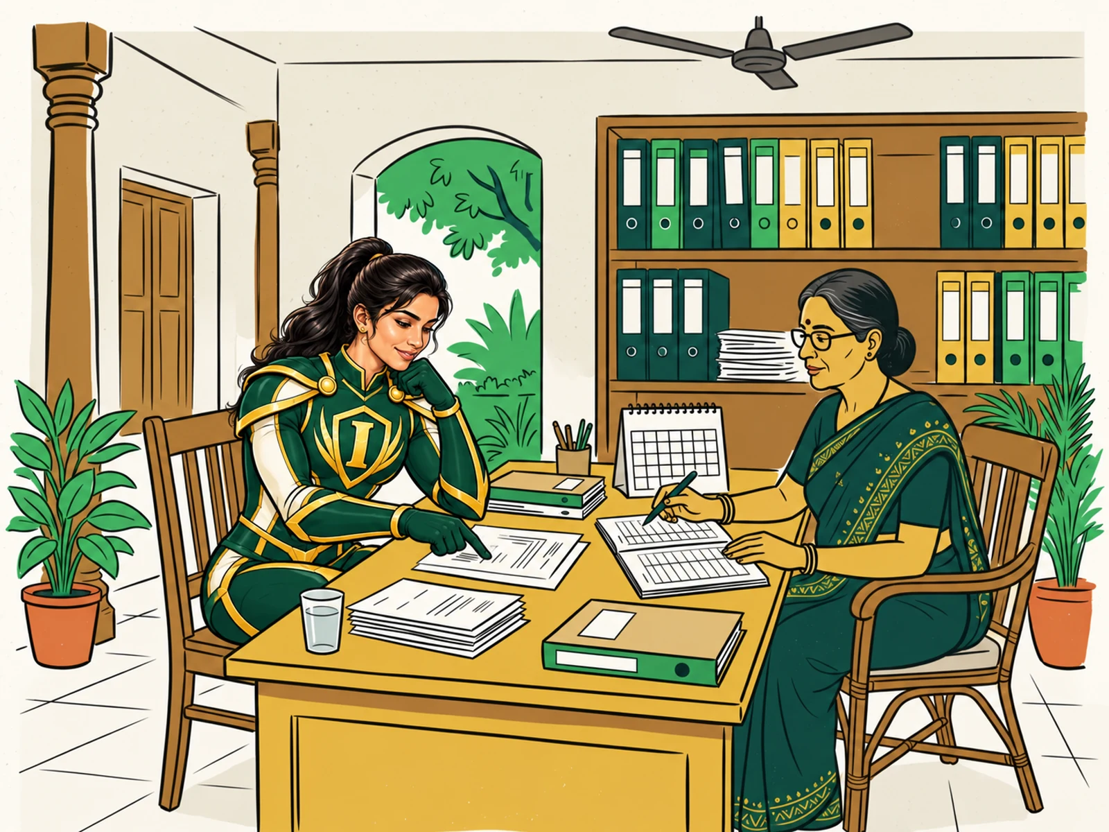 The female INFINPRO character and an illustrated Indian adviser organising records for tax-aware planning